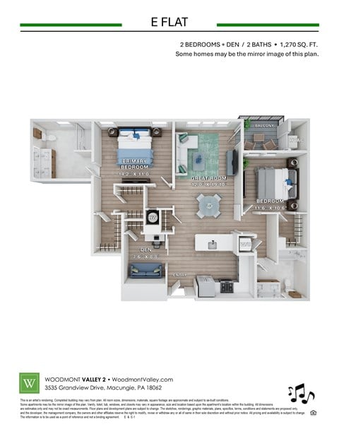 Floor plan for 2 beds, 2 baths, 1270 sqft